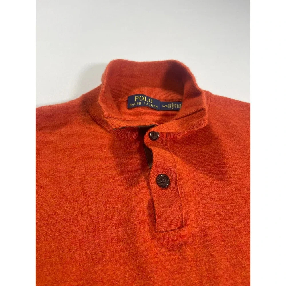 VTG Polo Ralph Lauren Merino Wool Three Button Sweater Men's L Orange‎